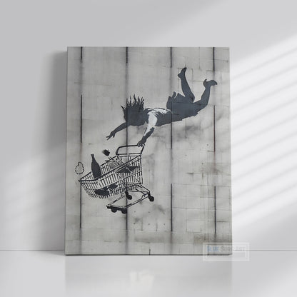 Banksy Falling Shopping Cart Street Art Original Oil Painting 100% Handmade Art for Sale