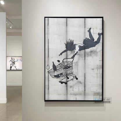 Banksy Falling Shopping Cart Street Art Original Oil Painting 100% Handmade Art for Sale