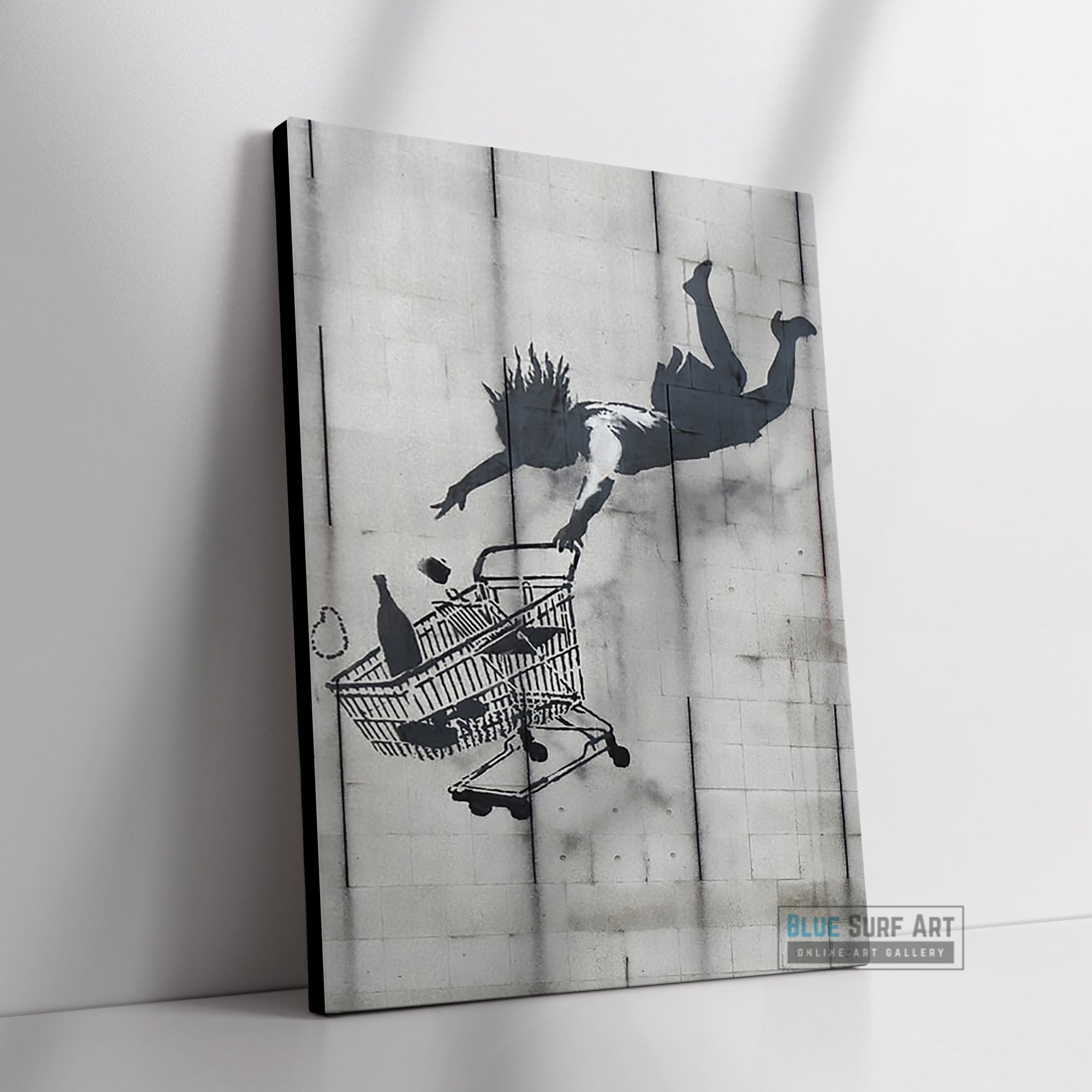 Banksy Falling Shopping Cart Street Art Original Oil Painting 100% Handmade Art for Sale