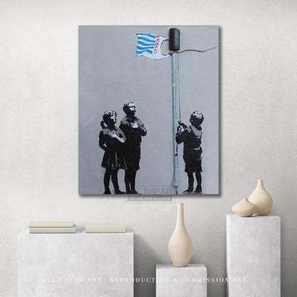 Banksy Ban Plastic Bag, Street Art Handmade Original Oil on Canvas by Blue Surf Art - showcase