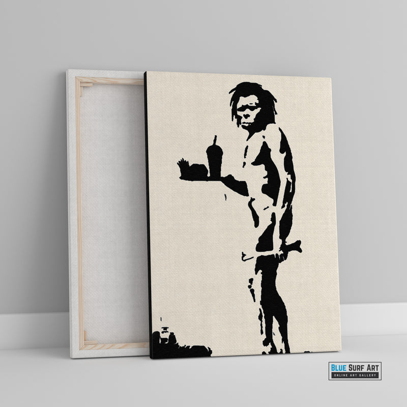 Banksy caveman wall art, banksy canvas art painting, banksy handmade painting, street art painting, fast-food caveman 