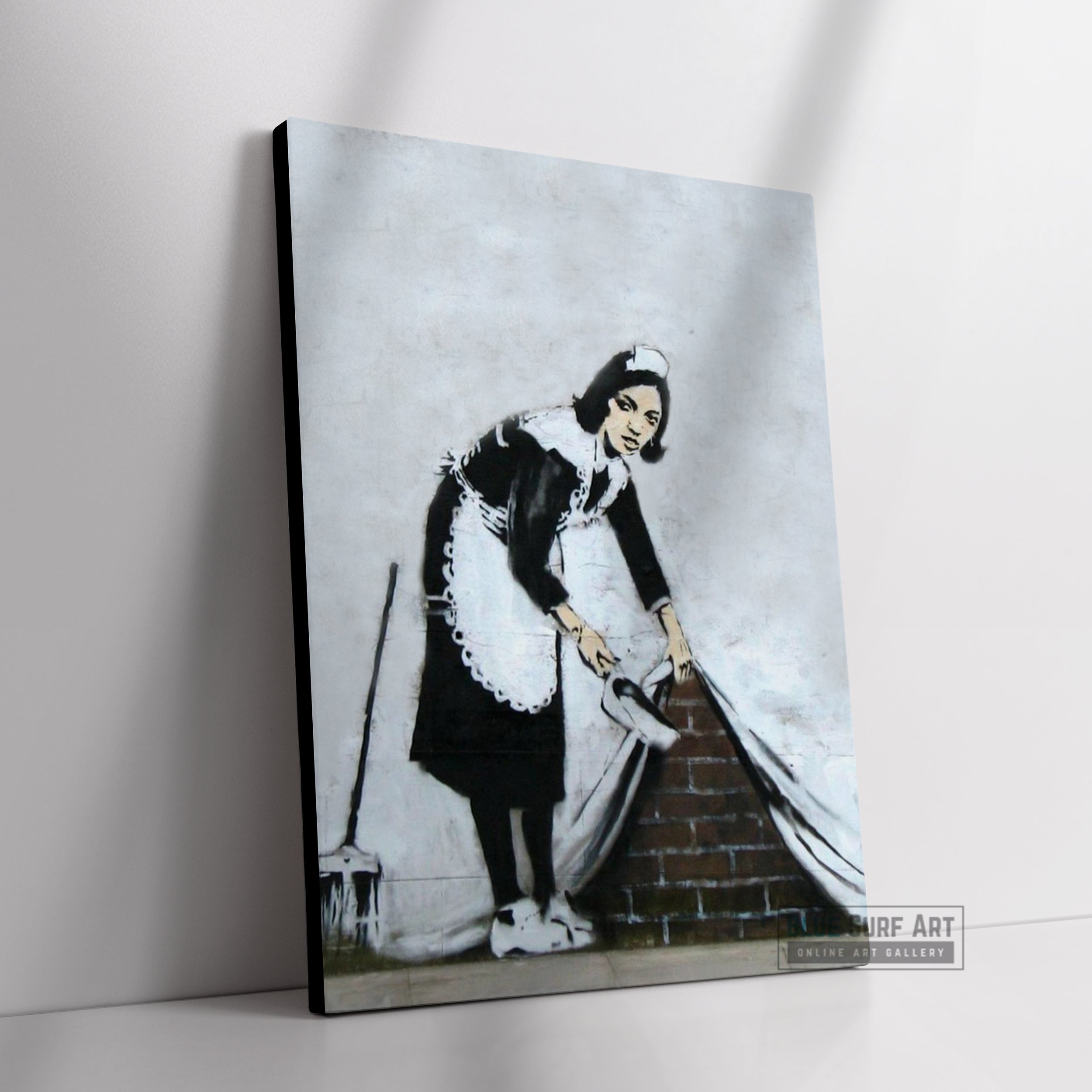 Banksy Maid Wall Street Art Handmade Original Oil on Canvas Street Art - side view against the wall