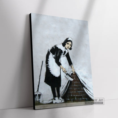 Banksy Maid Wall Street Art Handmade Original Oil on Canvas Street Art - side view against the wall