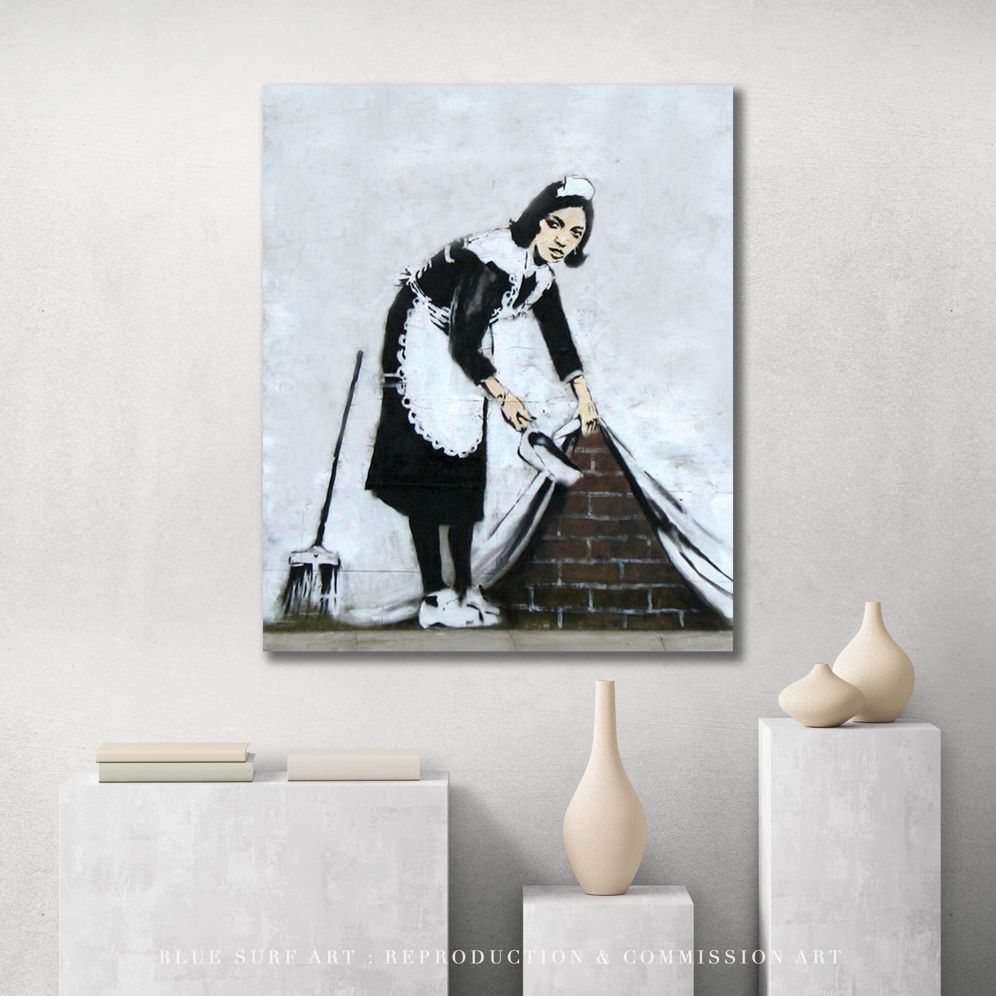 Banksy Maid Wall Street Art Handmade Original Oil on Canvas Street Art - showcase hanging on the wall