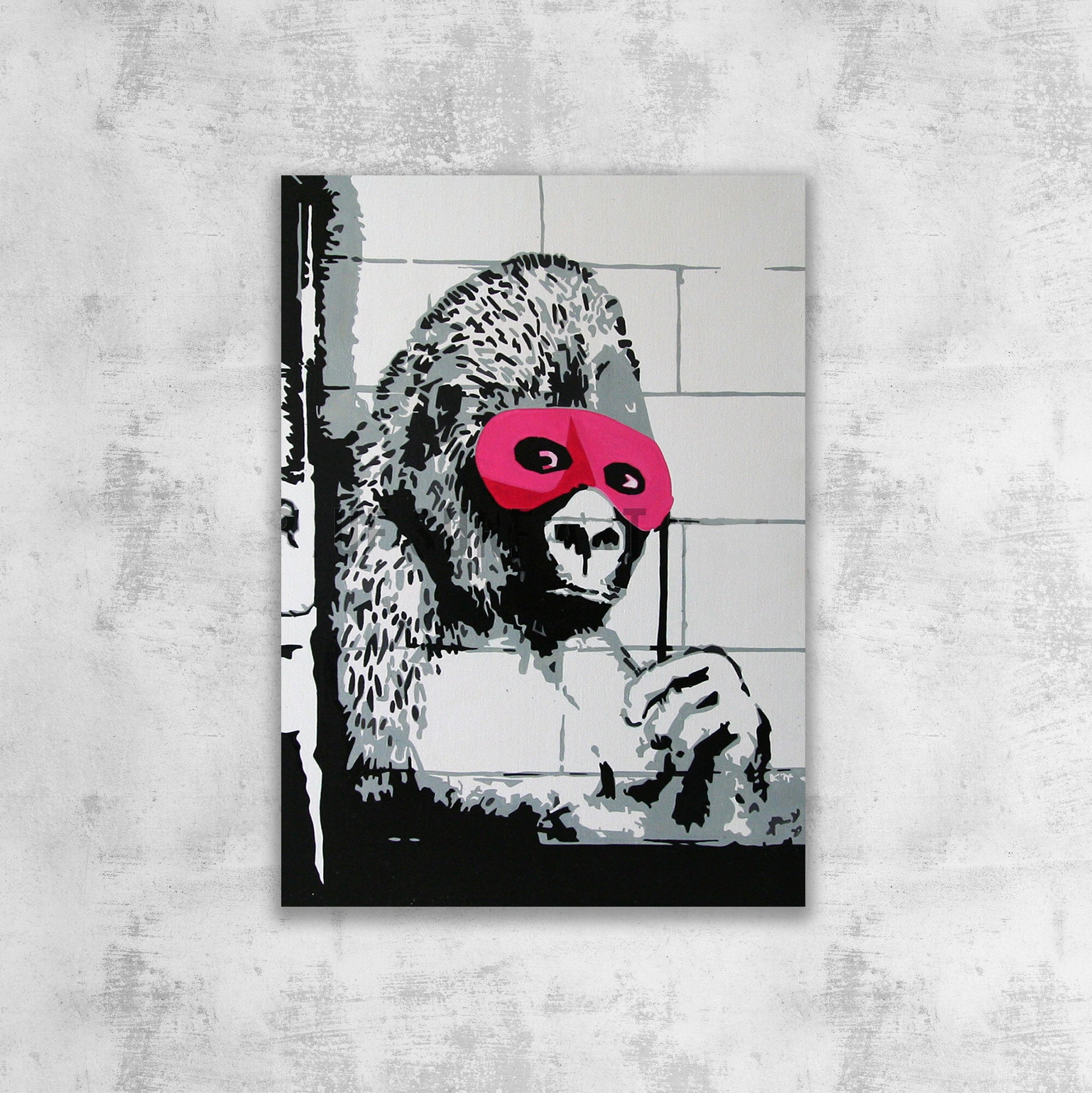 Bansky Gorilla with Pink Mask. Banksy wall art, Banksy canvas art, backs artist, banksy prints, banksy artworks, banksy work, banksy reproduction, banksy canvas art, street art on canvas, banksy original wall art