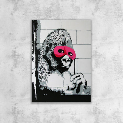 Bansky Gorilla with Pink Mask. Banksy wall art, Banksy canvas art, backs artist, banksy prints, banksy artworks, banksy work, banksy reproduction, banksy canvas art, street art on canvas, banksy original wall art