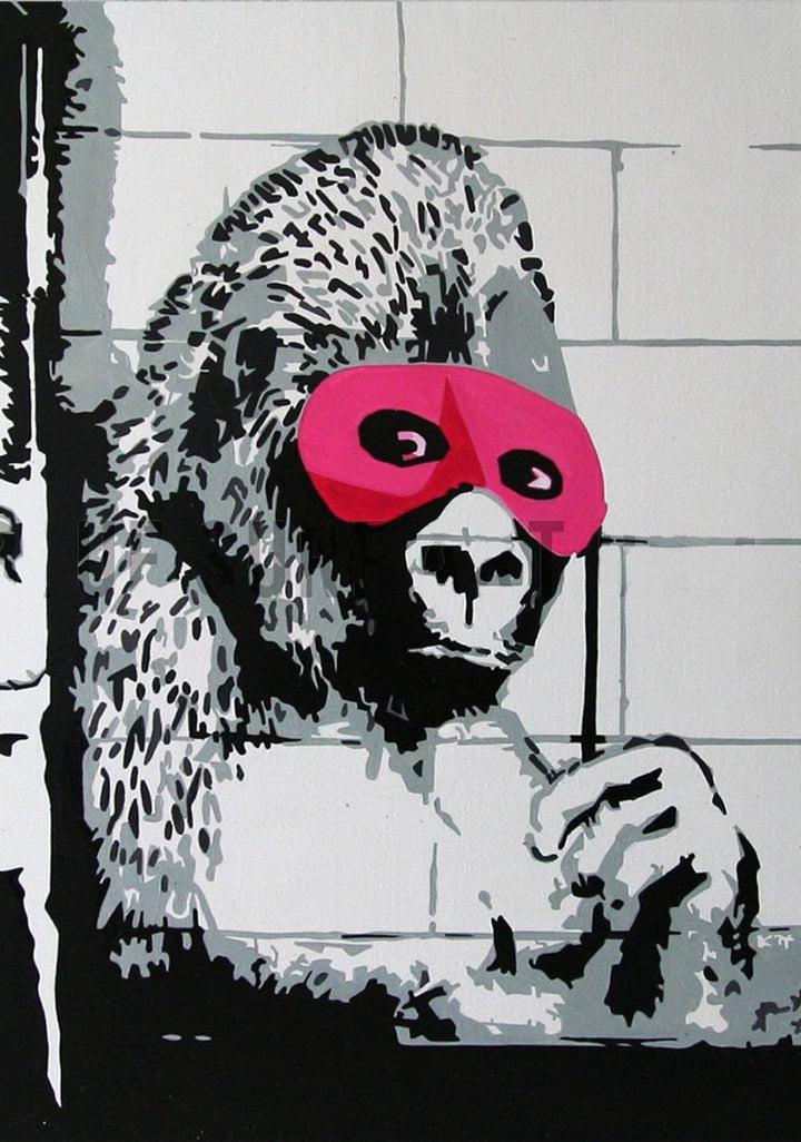 Bansky Gorilla with Pink Mask. Banksy wall art, Banksy canvas art, backs artist, banksy prints, banksy artworks, banksy work, banksy reproduction, banksy canvas art, street art on canvas, banksy original wall art