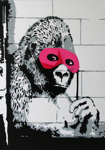 Bansky Gorilla with Pink Mask. Banksy wall art, Banksy canvas art, backs artist, banksy prints, banksy artworks, banksy work, banksy reproduction, banksy canvas art, street art on canvas, banksy original wall art