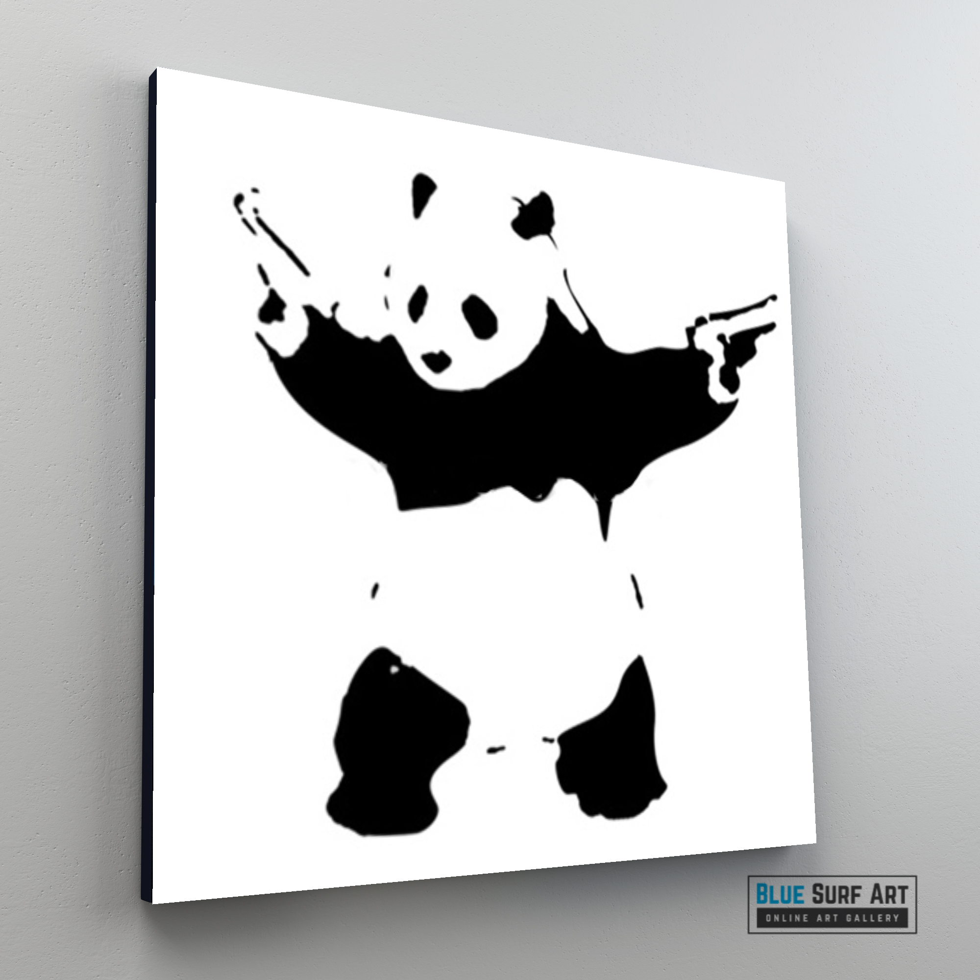 banksy panda shooting wall art, banksy canvas art, banksy wall art, handmade banksy canvas, banksy gift art