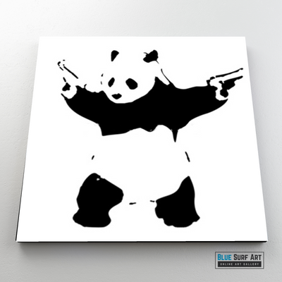 banksy panda shooting wall art, banksy canvas art, banksy wall art, handmade banksy canvas, banksy gift art