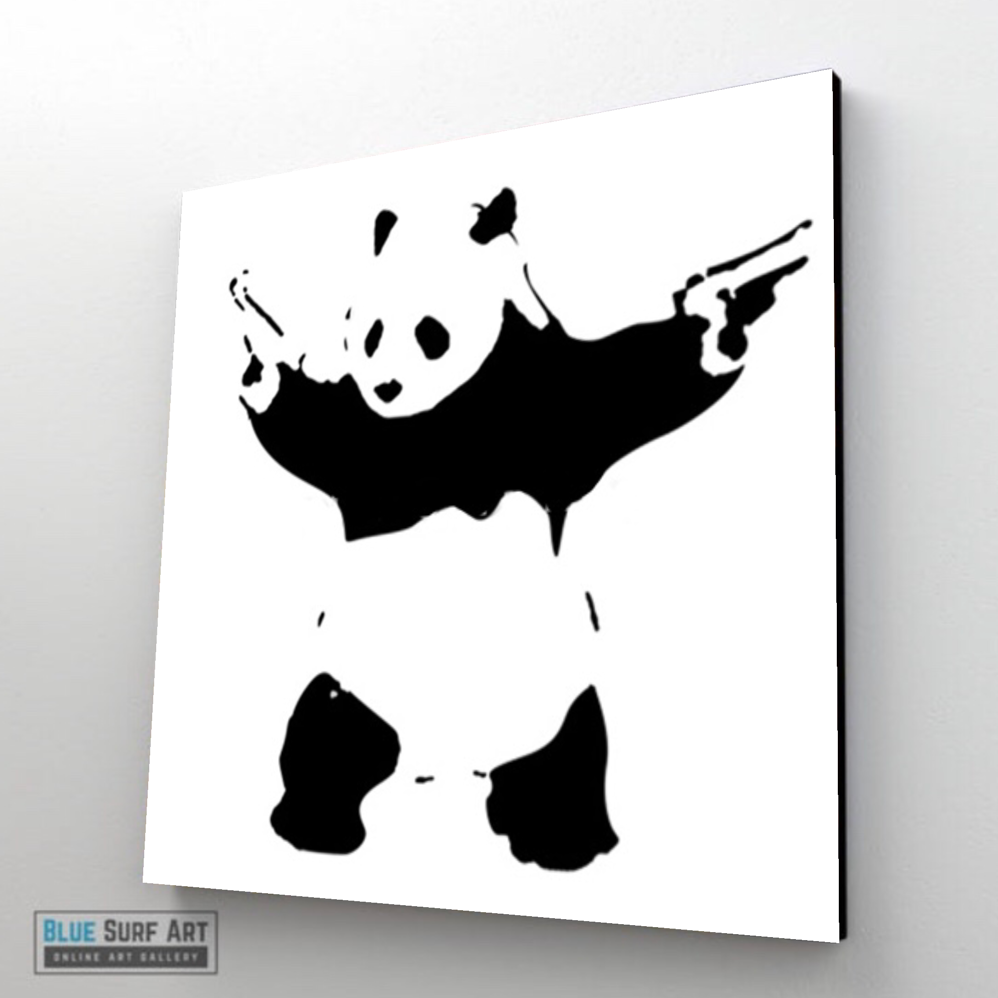 banksy panda shooting wall art, banksy canvas art, banksy wall art, handmade banksy canvas, banksy gift art