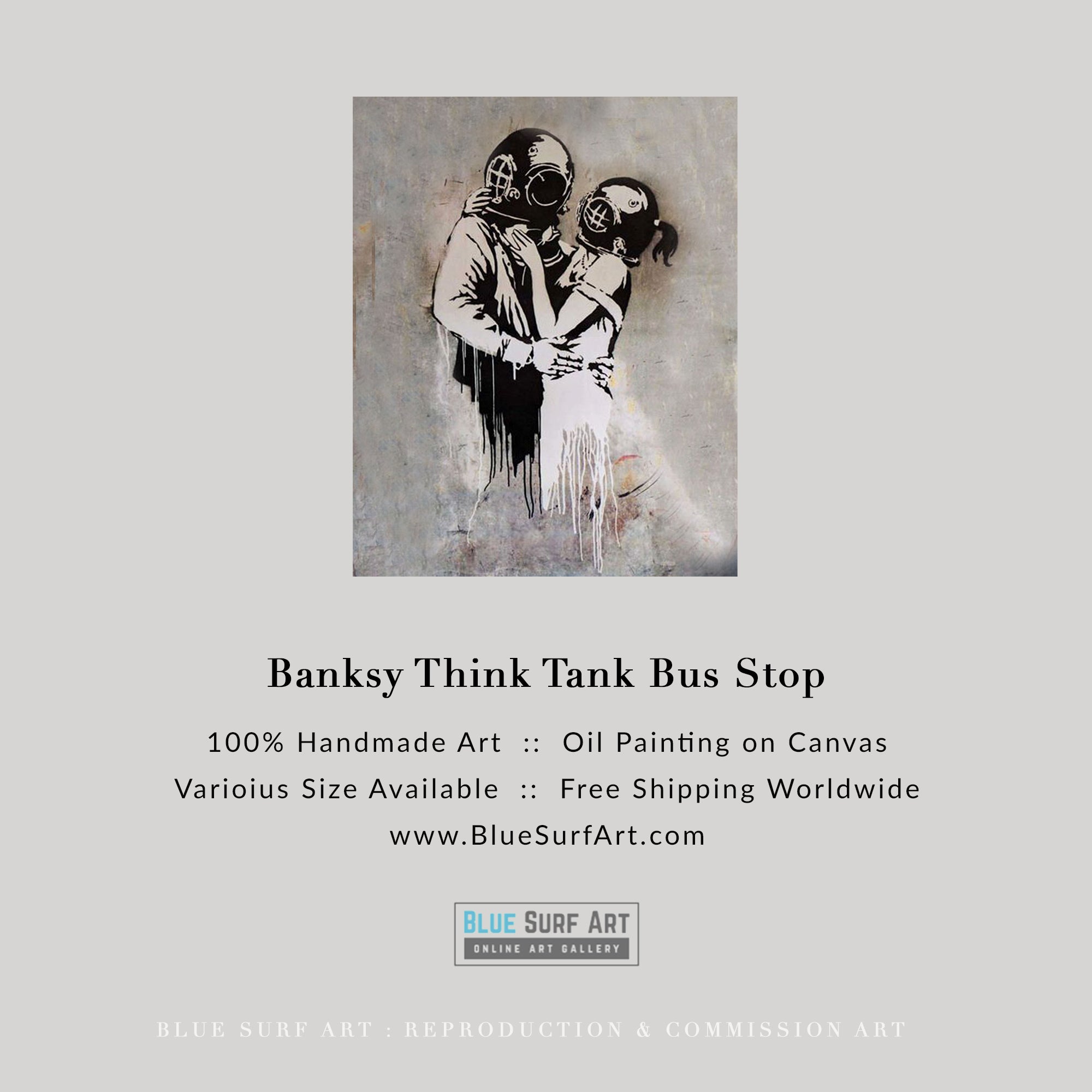 Think Tank Bus Stop Banksy Art Handmade Oil on Canvas, Made to 