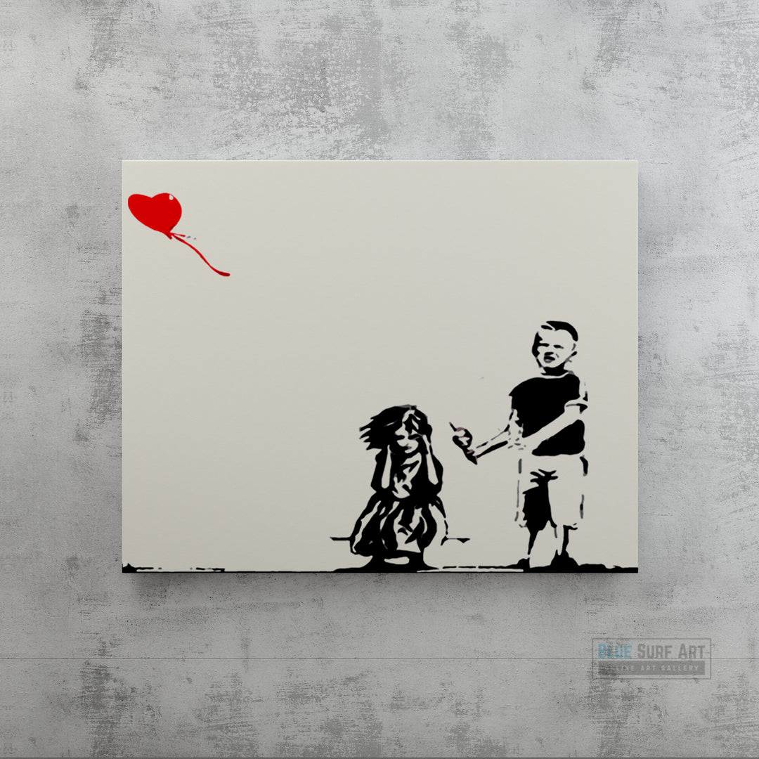 Banksy Two Kids with Heart Balloon Original Wall Art Painting Handmade Art