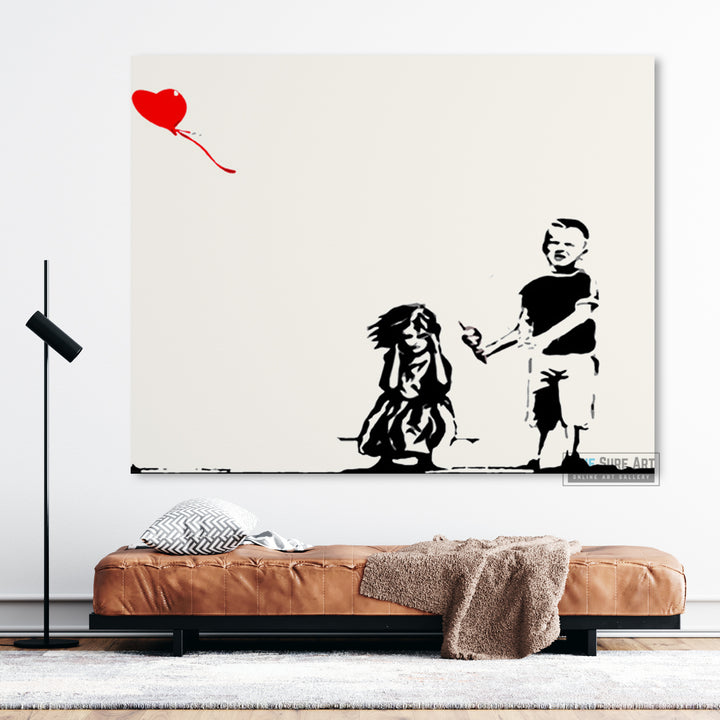 Banksy Two Kids with Heart Balloon Original Wall Art Painting Handmade Art