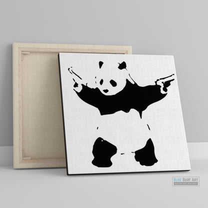 banksy panda shooting wall art, banksy canvas art, banksy wall art, handmade banksy canvas, banksy gift art