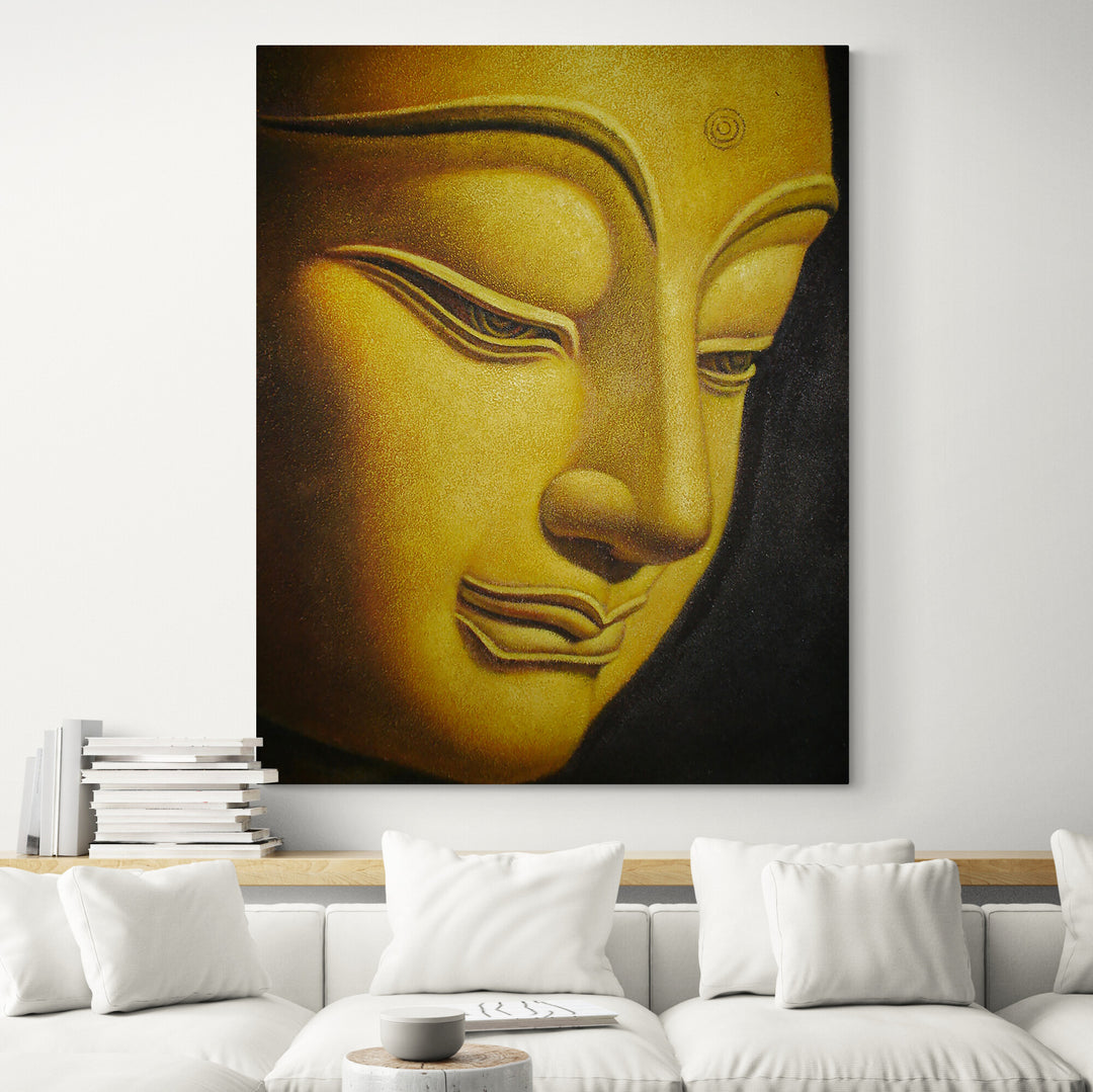 Showcase - Golden Buddha Side Portrait Oil on Canvas in Living Room