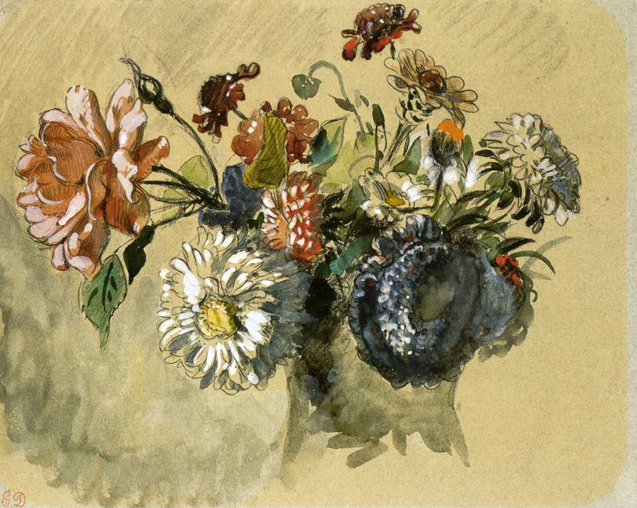 Bouquet of Flowers by Lioness by Eugène Delacroix Reproduction Painting by Blue Surf Art