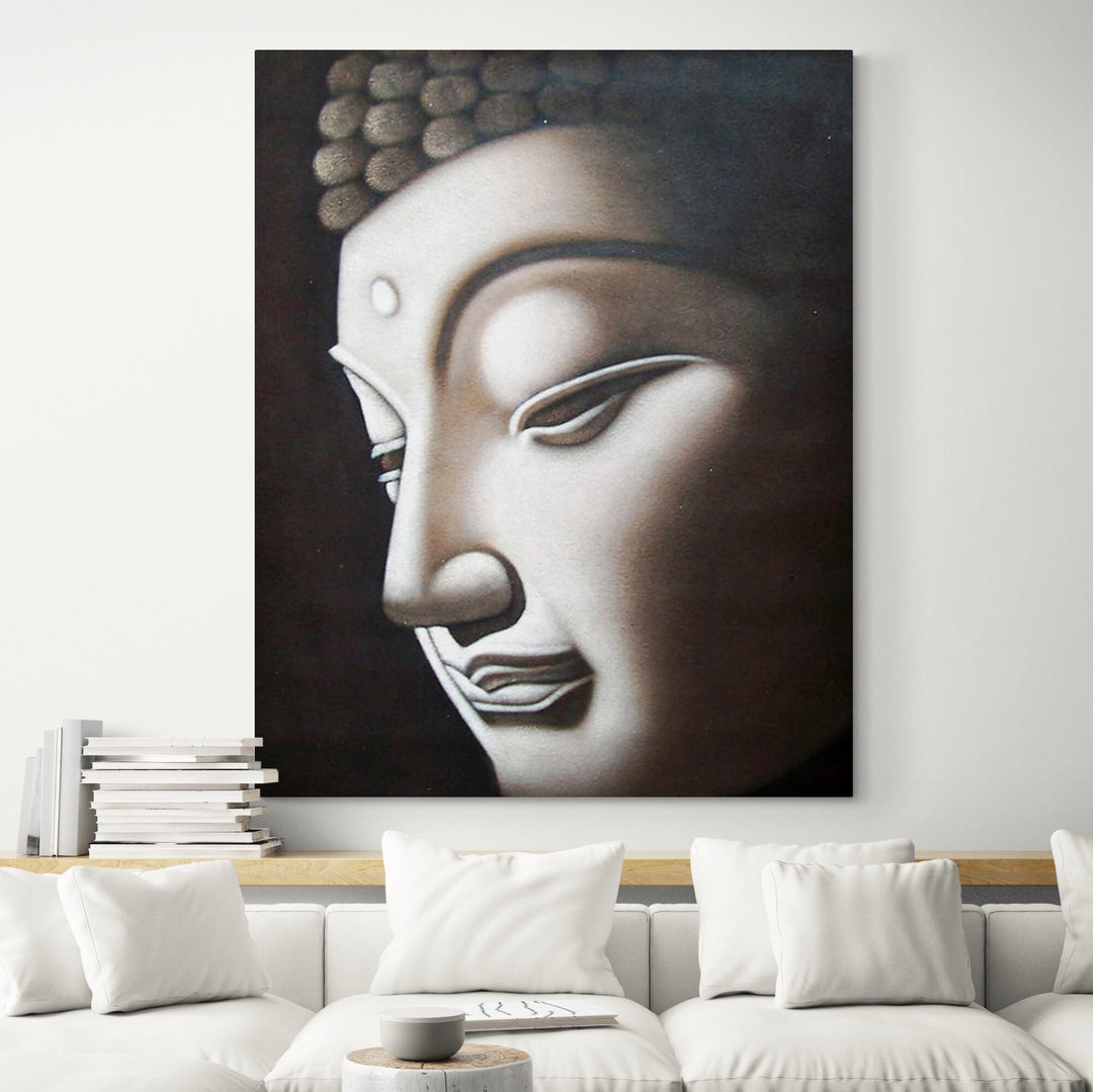 Buddha Portrait Oil Painting on Canvas in Vintage Shade Showcase in living room