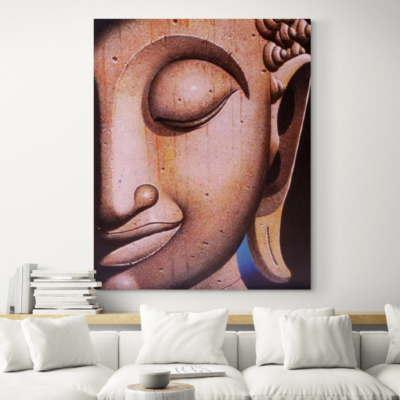 Buddha with Wood Skin Oil on Canvas - in living room