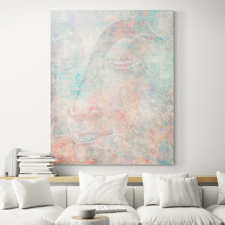 Pastel Mix Green Modern Buddha Side Portrait in Abstract Style Wall Art - Living room