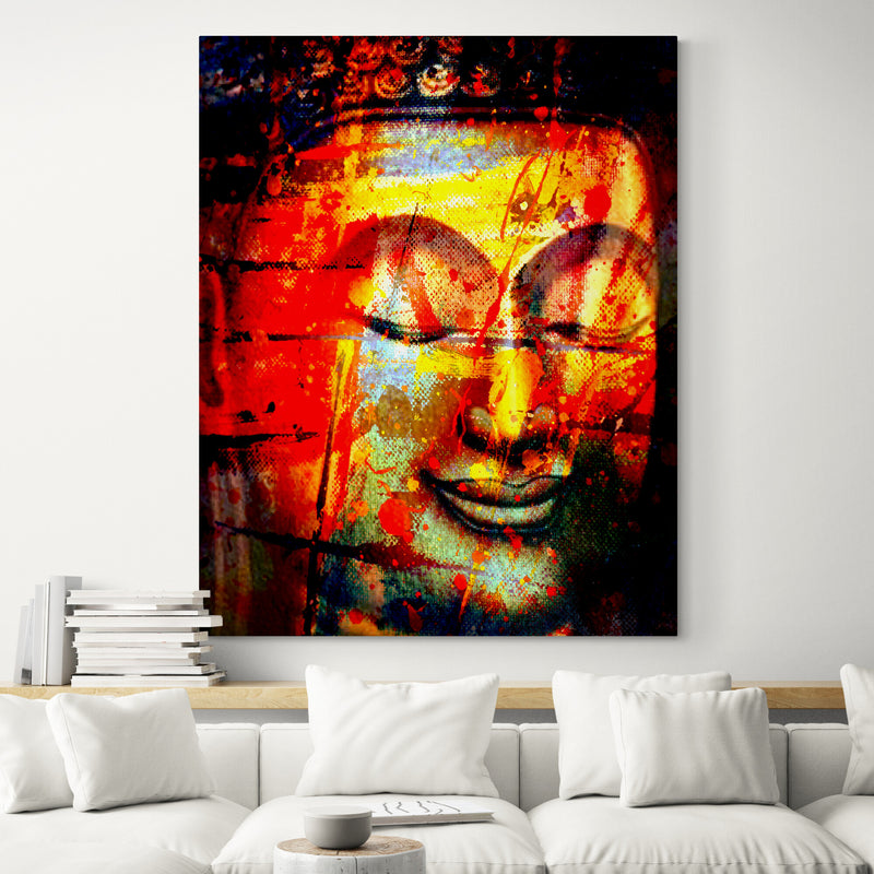 Buddha Smile Portrait in Red Abstract Style - Living room