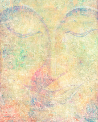 Pastel Mix Green Modern Close Eyes Buddha Portrait in Abstract Style Wall Art