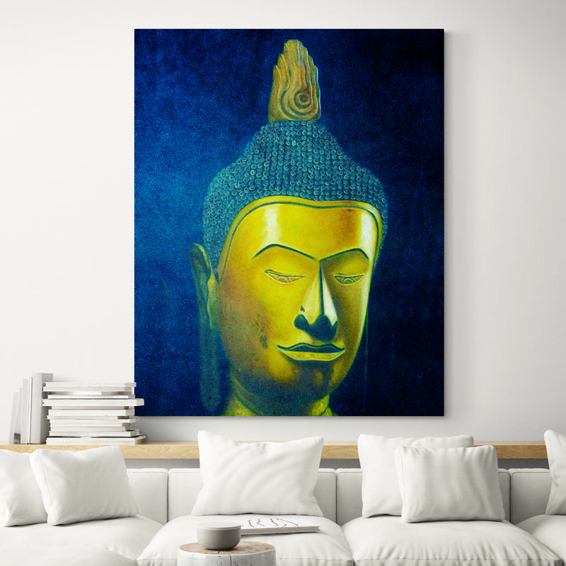Indigo Buddha Portrait Oil Painting on Canvas in living room