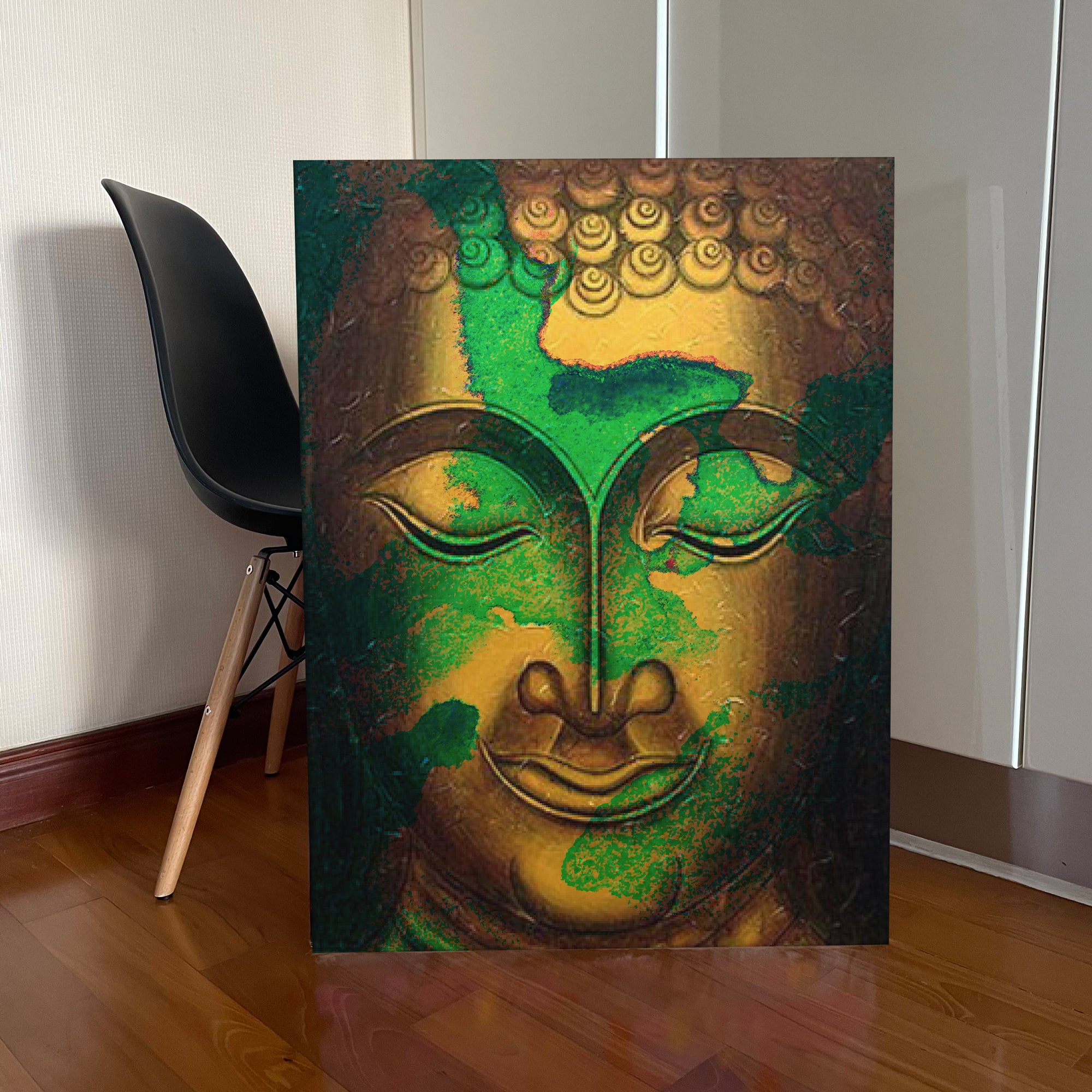 Green and Gold Buddha Portrait in Abstract Style