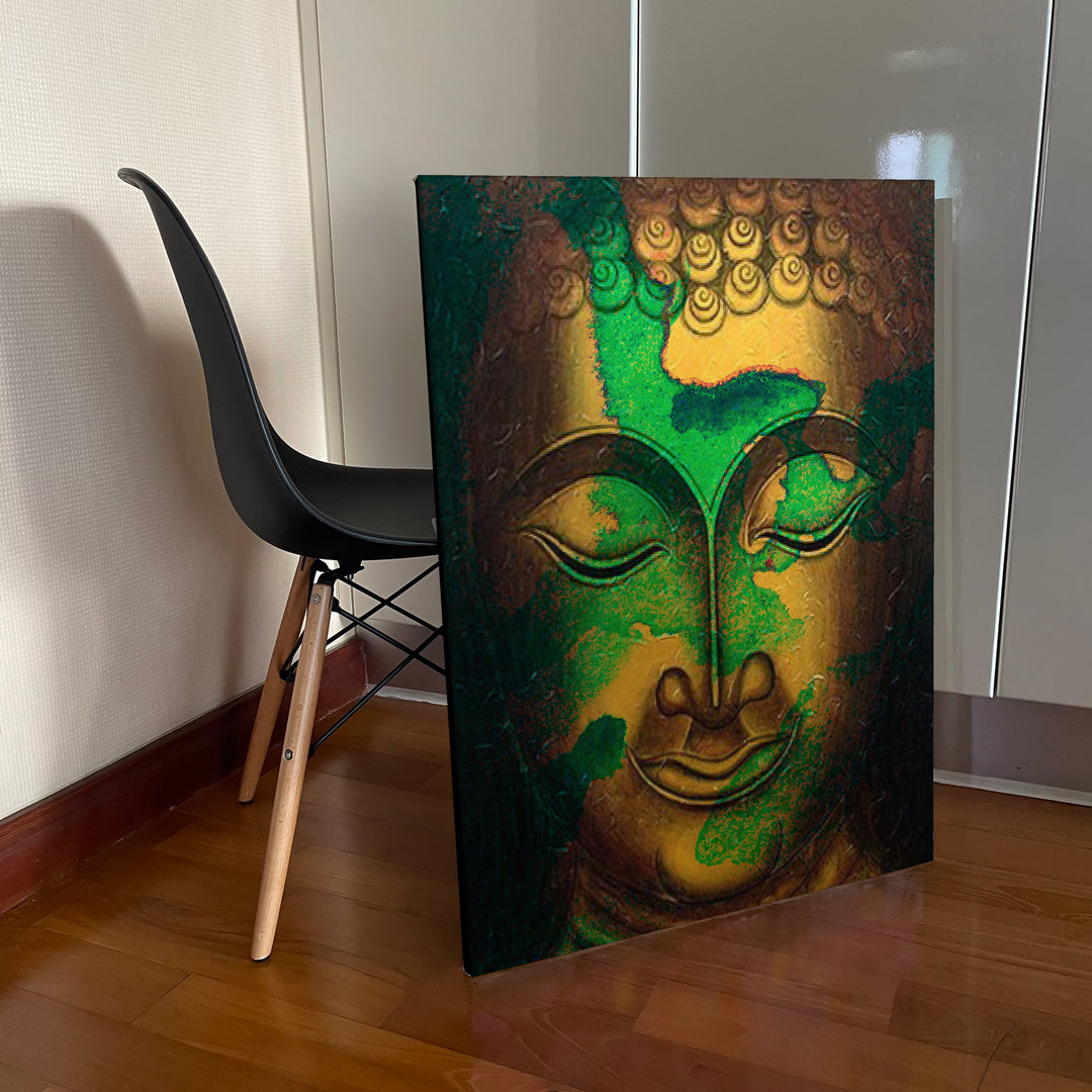 Green and Gold Buddha Portrait in Abstract Style
