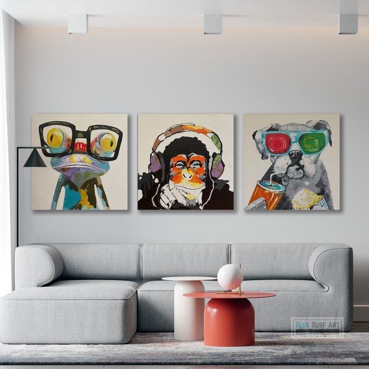 Frog Monkey and Puppy Wall Art Set 100% Hand Painted Oil Painting on Canvas - Wall Art Home Decor