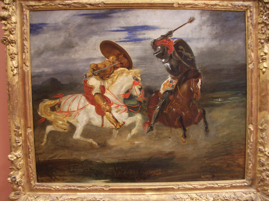 Confrontation of knights in the countryside by Eugène Delacroix Reproduction Painting by Blue Surf Art