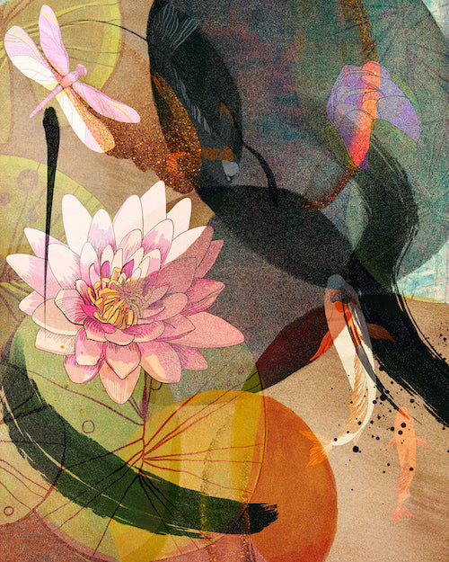 Summer Vibe Asian Wall Art, Lotus Pond and Koi Fish Canvas Art Painting