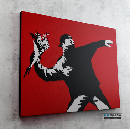 Love is in the Air Flower Thrower Street Art Original Oil Painting 100% Handmade Art for Sale