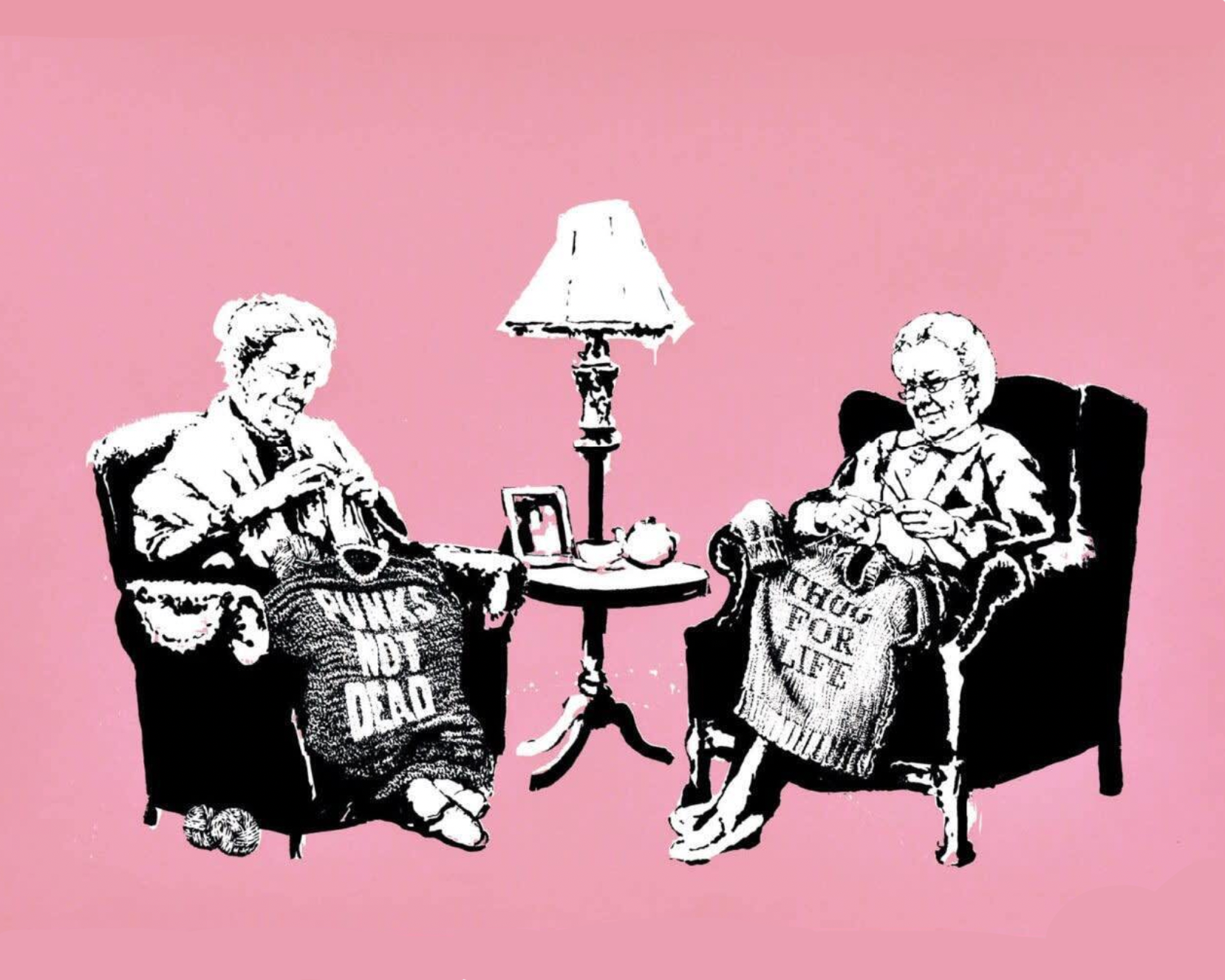 Banksy Two Grannies Knitting. Banksy wall art, Banksy canvas art, backs artist, banksy prints, banksy artworks, banksy work, banksy reproduction, banksy canvas art, street art on canvas, banksy original wall art 