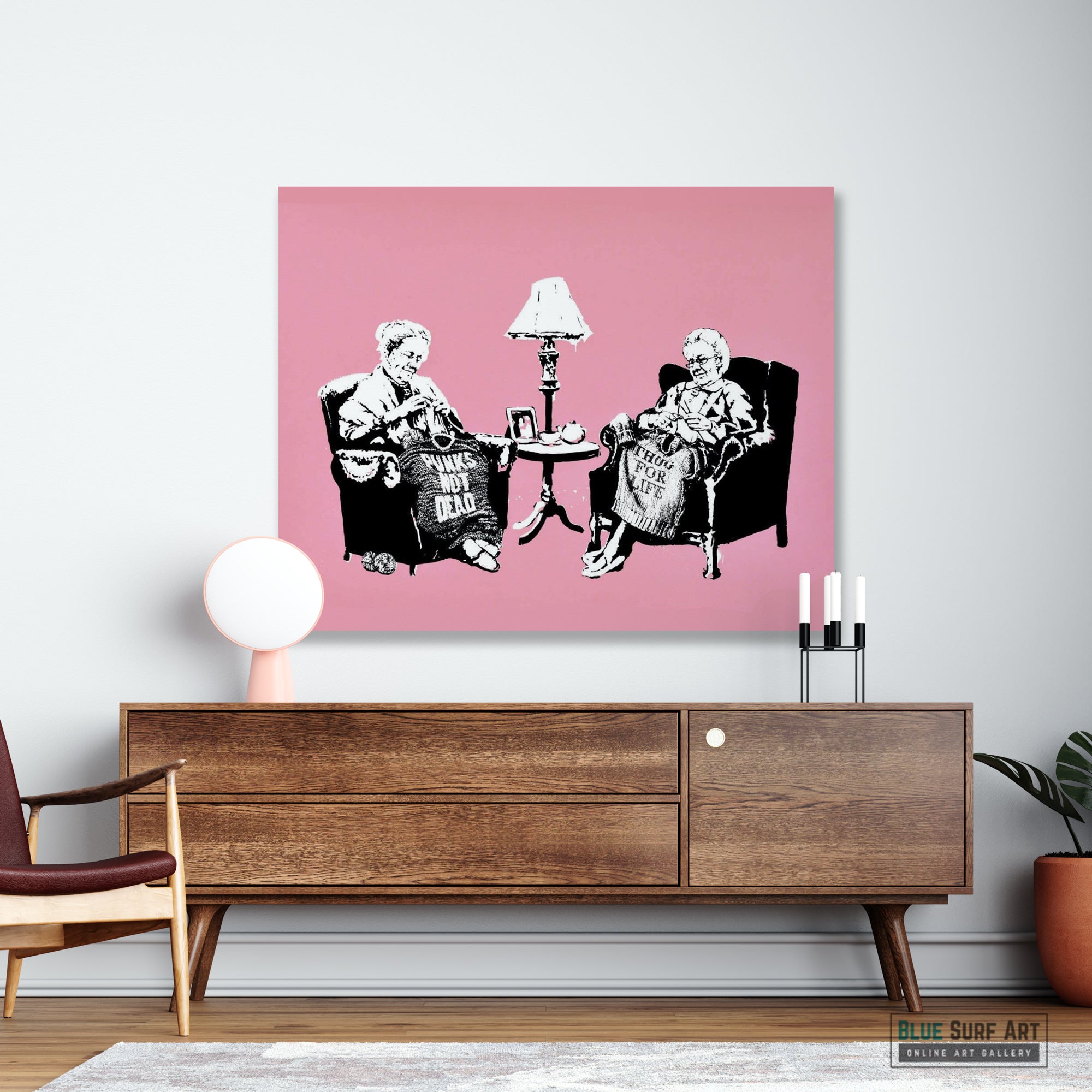 Banksy Two Grannies Knitting. Banksy wall art, Banksy canvas art, backs artist, banksy prints, banksy artworks, banksy work, banksy reproduction, banksy canvas art, street art on canvas, banksy original wall art - showcase