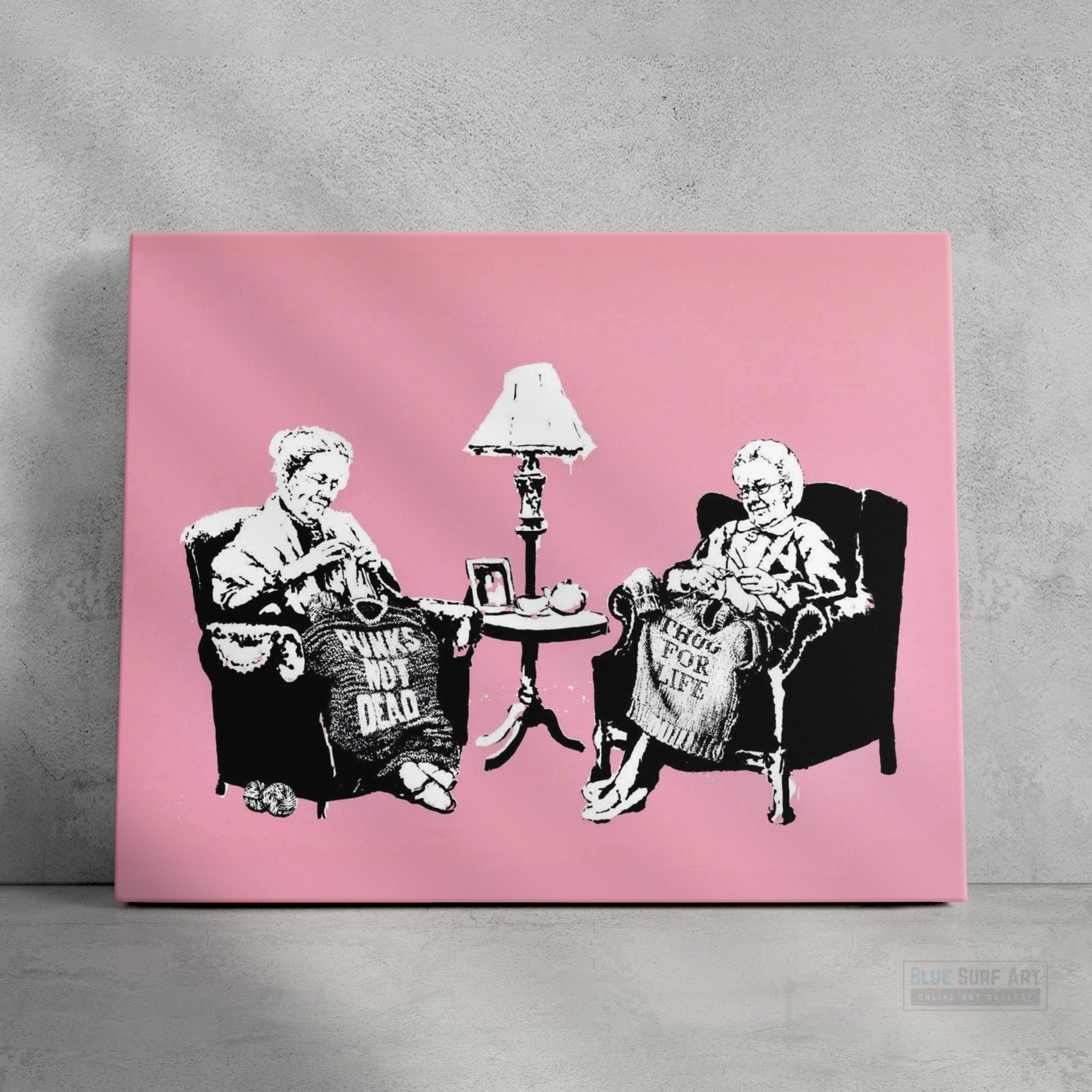 Banksy Two Grannies Knitting. Banksy wall art, Banksy canvas art, backs artist, banksy prints, banksy artworks, banksy work, banksy reproduction, banksy canvas art, street art on canvas, banksy original wall art