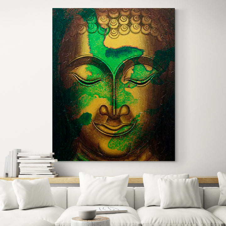 Green and Gold Buddha Portrait in Abstract Style - Living room