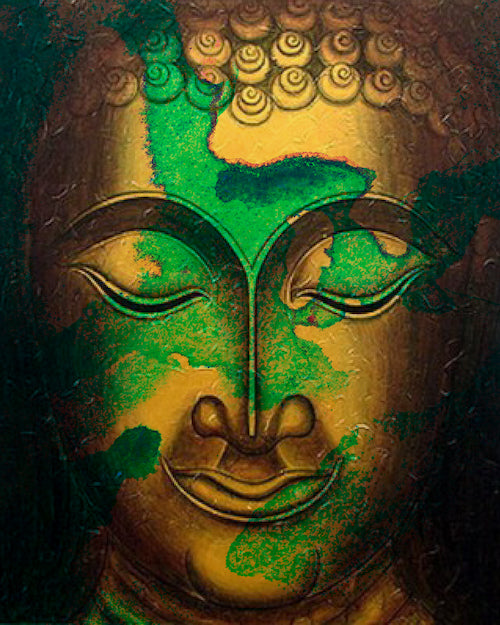 Green and Gold Buddha Portrait in Abstract Style