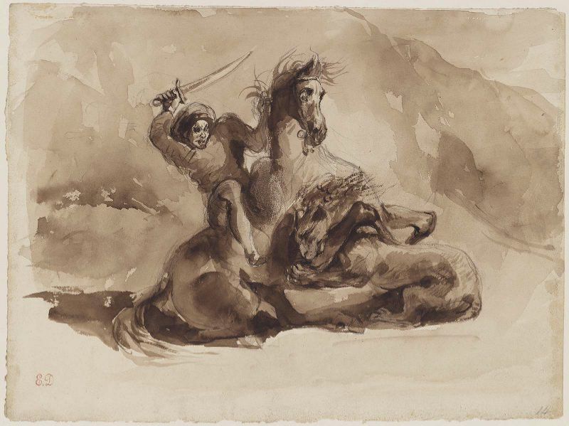 Horse and Rider Attacked by a Lion by Eugène Delacroix Reproduction Painting by Blue Surf Art