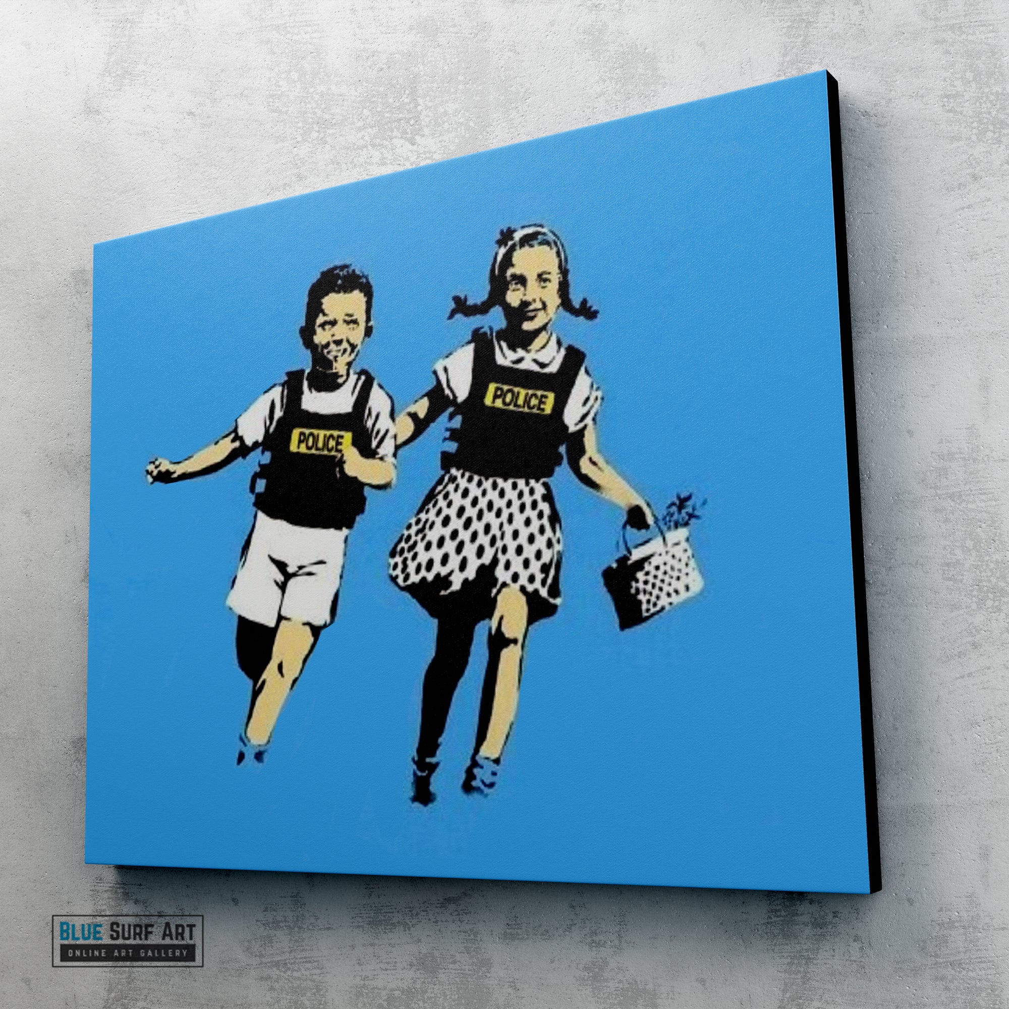 Banksy Jack & Jill. Banksy wall art, Banksy canvas art, backs artist, banksy prints, banksy artworks, banksy work, banksy reproduction, banksy canvas art, street art on canvas, banksy original wall art - Blue Surf Art