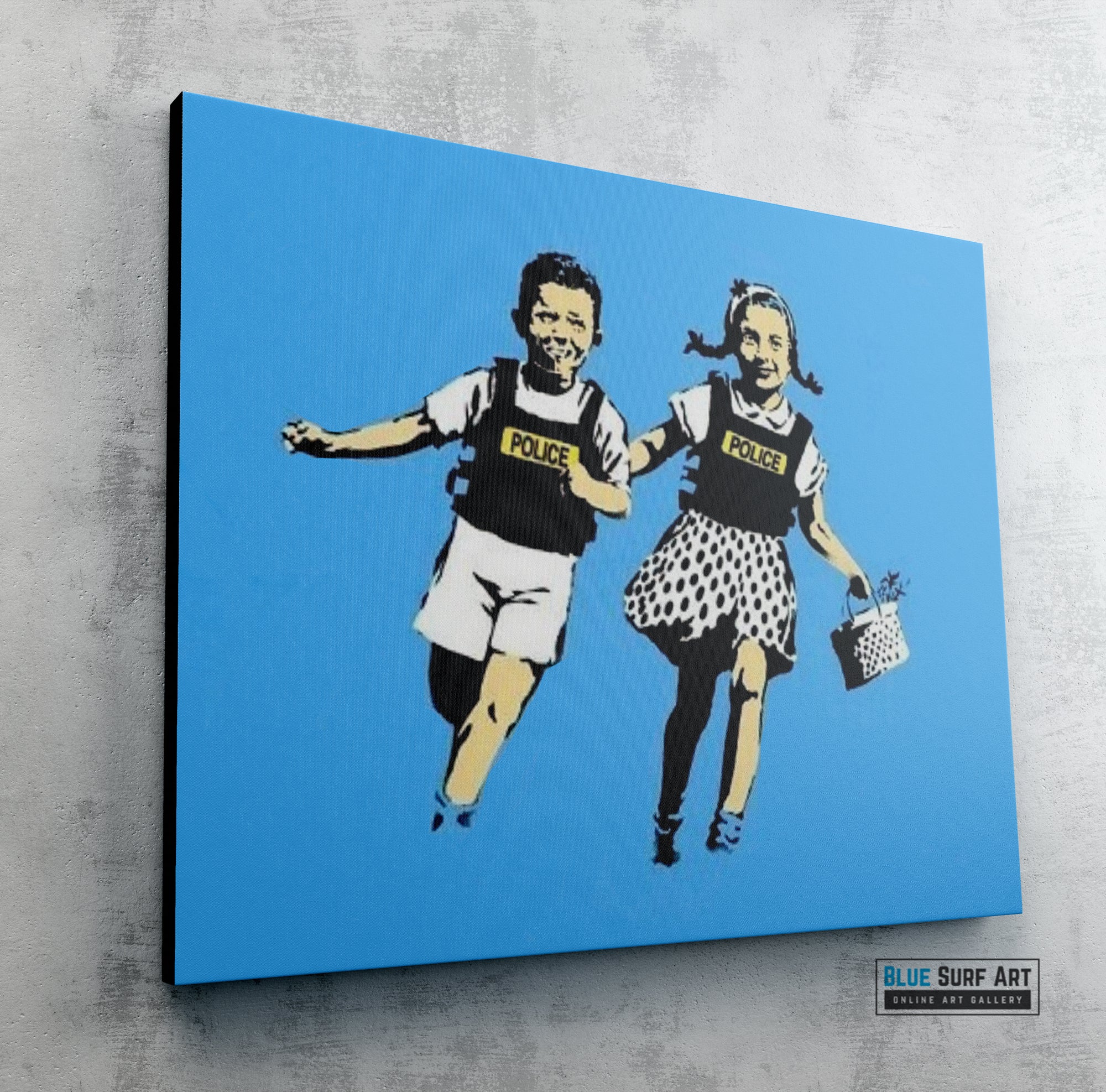 Banksy Jack & Jill. Banksy wall art, Banksy canvas art, backs artist, banksy prints, banksy artworks, banksy work, banksy reproduction, banksy canvas art, street art on canvas, banksy original wall art - Blue Surf Art