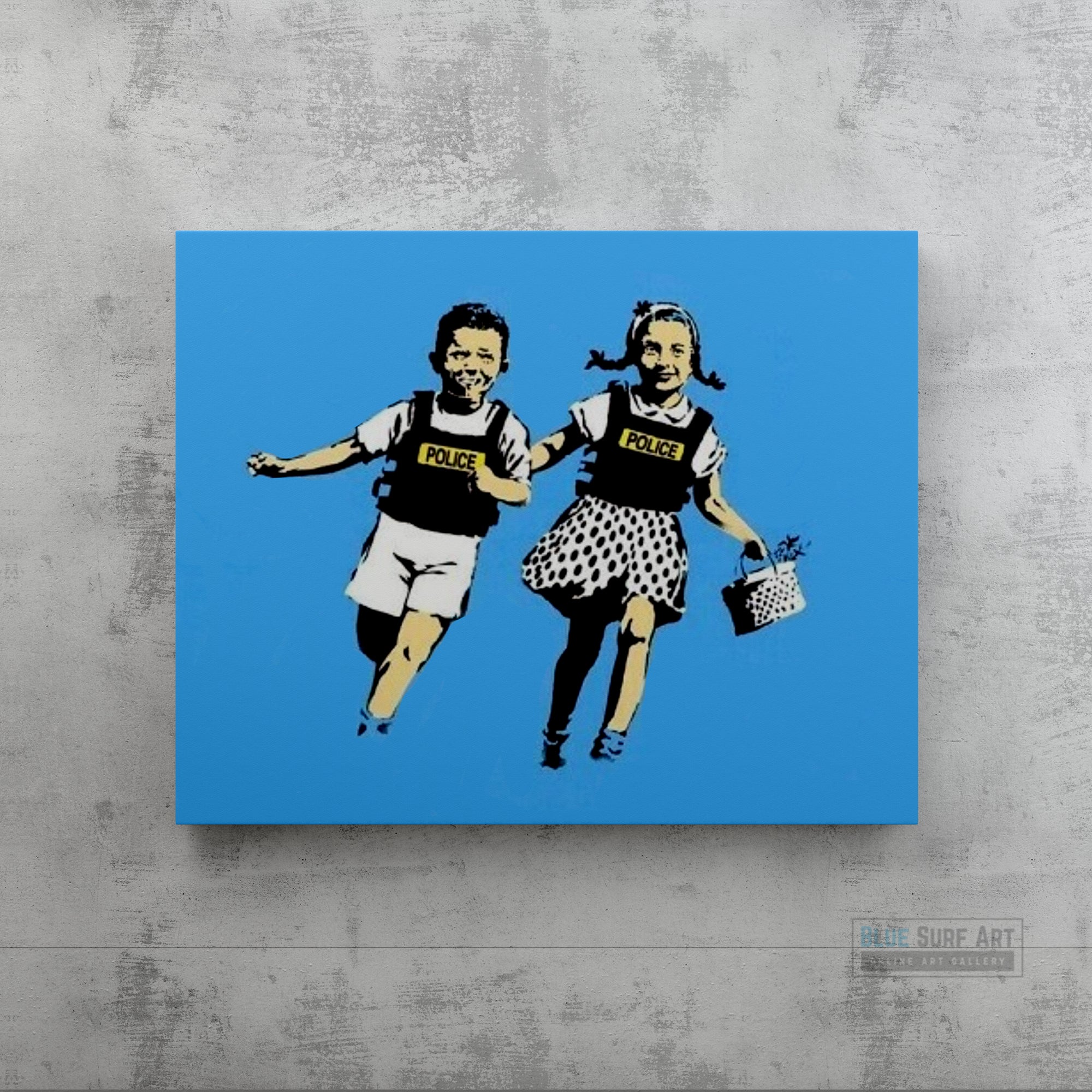 Banksy Jack & Jill. Banksy wall art, Banksy canvas art, backs artist, banksy prints, banksy artworks, banksy work, banksy reproduction, banksy canvas art, street art on canvas, banksy original wall art - Blue Surf Art