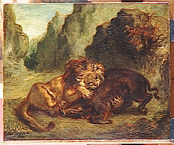 Lion and boar by Eugène Delacroix Reproduction Painting by Blue Surf Art