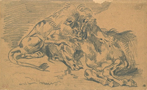 Lion Devouring a Horse by Eugène Delacroix Reproduction Painting by Blue Surf Art