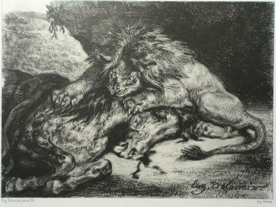 Lion devouring an Arab horse by Eugène Delacroix Reproduction Painting by Blue Surf Art