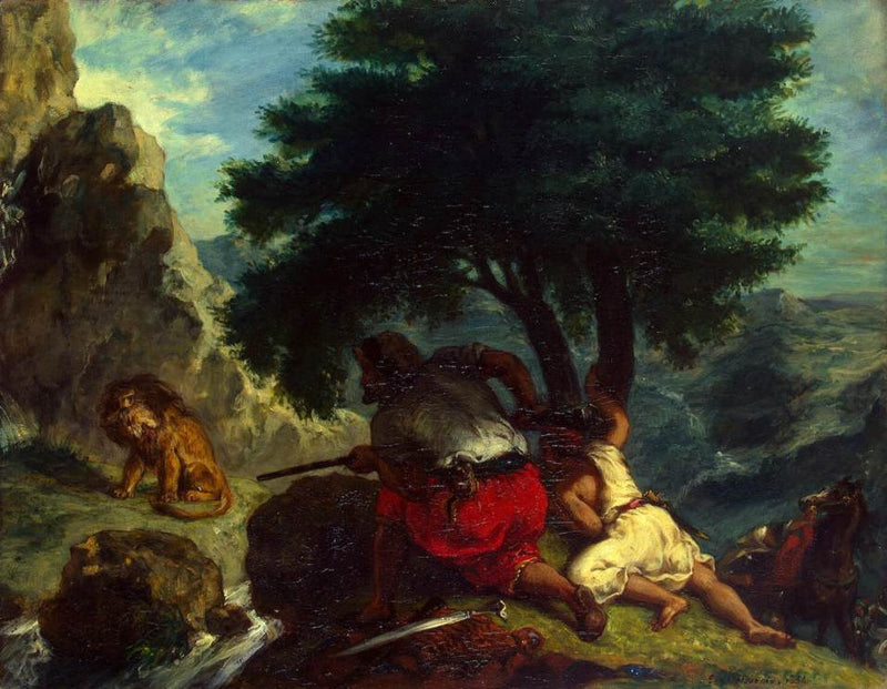 Lion Hunt in Morocco by Eugène Delacroix Reproduction Painting by Blue Surf Art