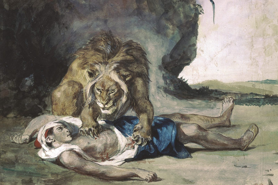 Lion Rending Apart a Corpse by Eugène Delacroix Reproduction Painting by Blue Surf Art