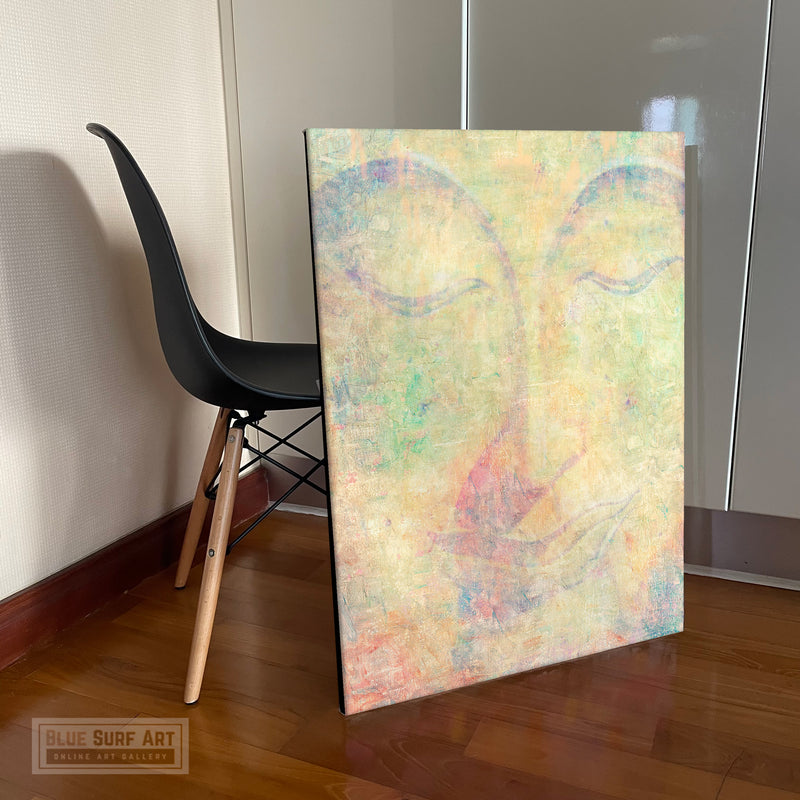 Pastel Mix Green Modern Close Eyes Buddha Portrait in Abstract Style Wall Art