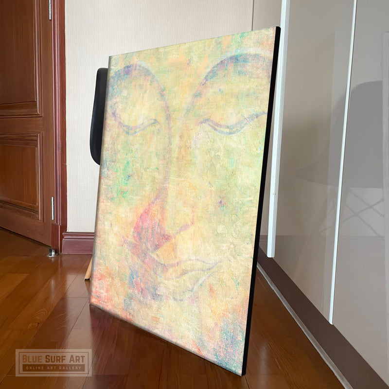 Pastel Mix Green Modern Close Eyes Buddha Portrait in Abstract Style Wall Art