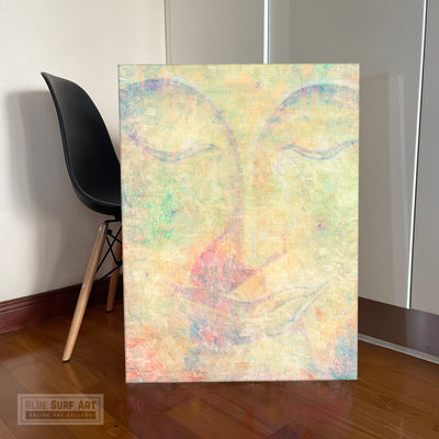 Pastel Mix Green Modern Close Eyes Buddha Portrait in Abstract Style Wall Art